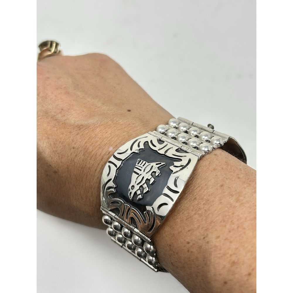 Vintage 925 Mexico Sterling Silver Porcupine Animal Panel Bracelet Heavy 2.5 oz - Picture 3 of 12